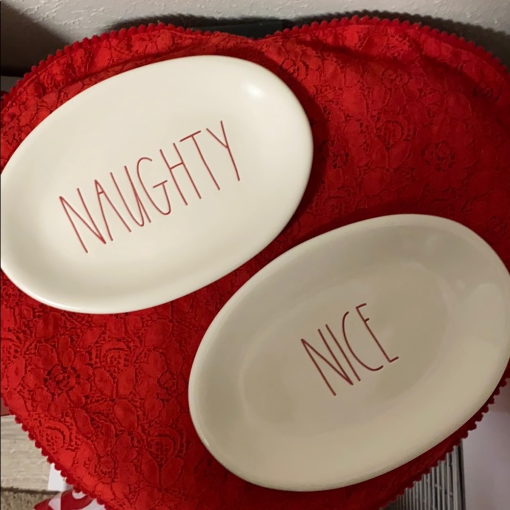 Rae Dunn snack plates with Red βnaughty/niceβ text